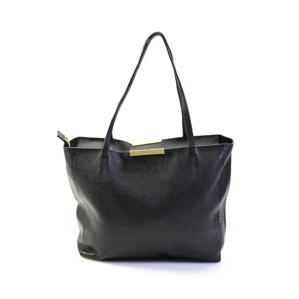 Ted Baker Womens Bovine Leather Zipped Metal Accent Shoulder Tote Handbag Black - Picture 1 of 10
